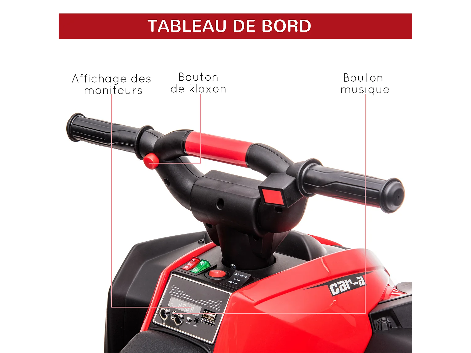 Quad buggy électrique enfant 12 V 3 Km/h max. effets lumineux et sonores rouge noir