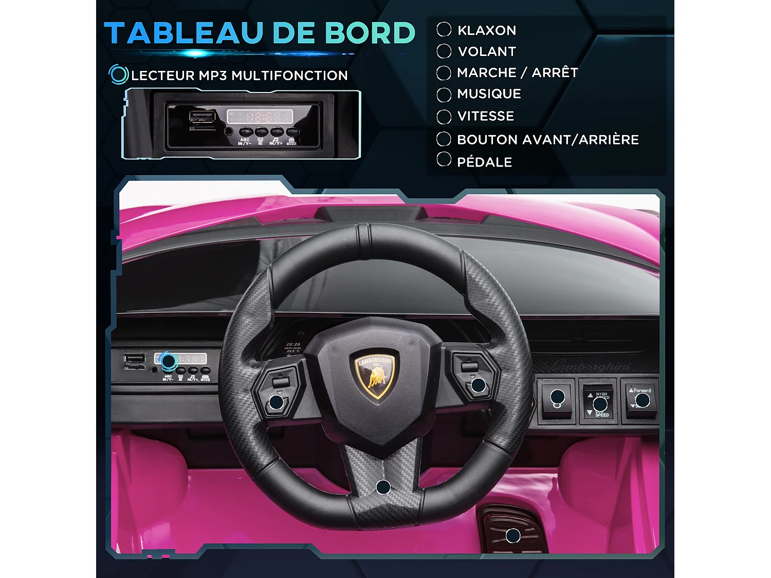 Voiture électrique enfant de sport supercar 12 V - V. max. 5 Km/h effets sonores + lumineux rose