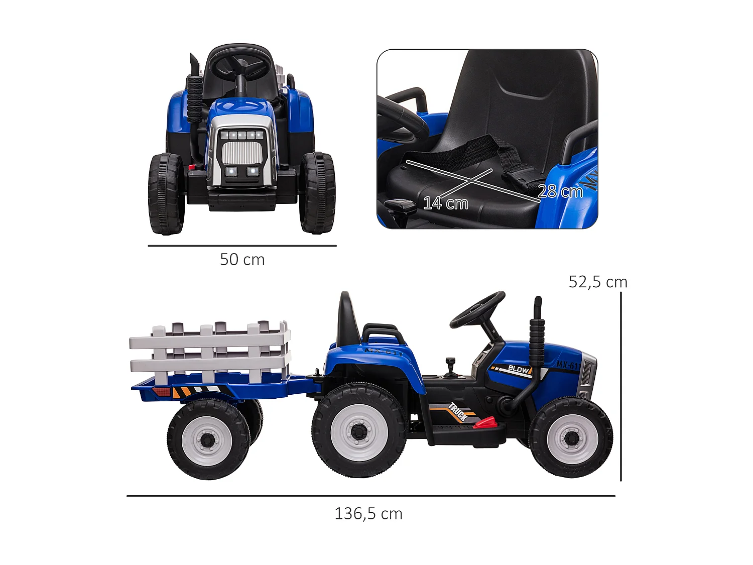 Tracteur électrique enfant avec remorque - effets sonores lumineux - télécommande - 3-6 Km/h - bleu