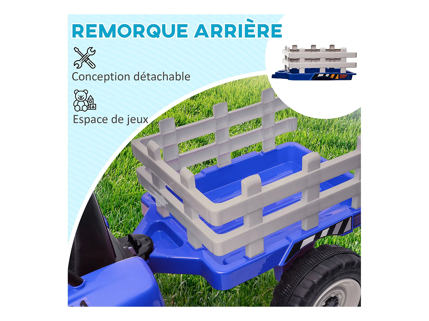 Tracteur électrique enfant avec remorque - effets sonores lumineux - télécommande - 3-6 Km/h - bleu
