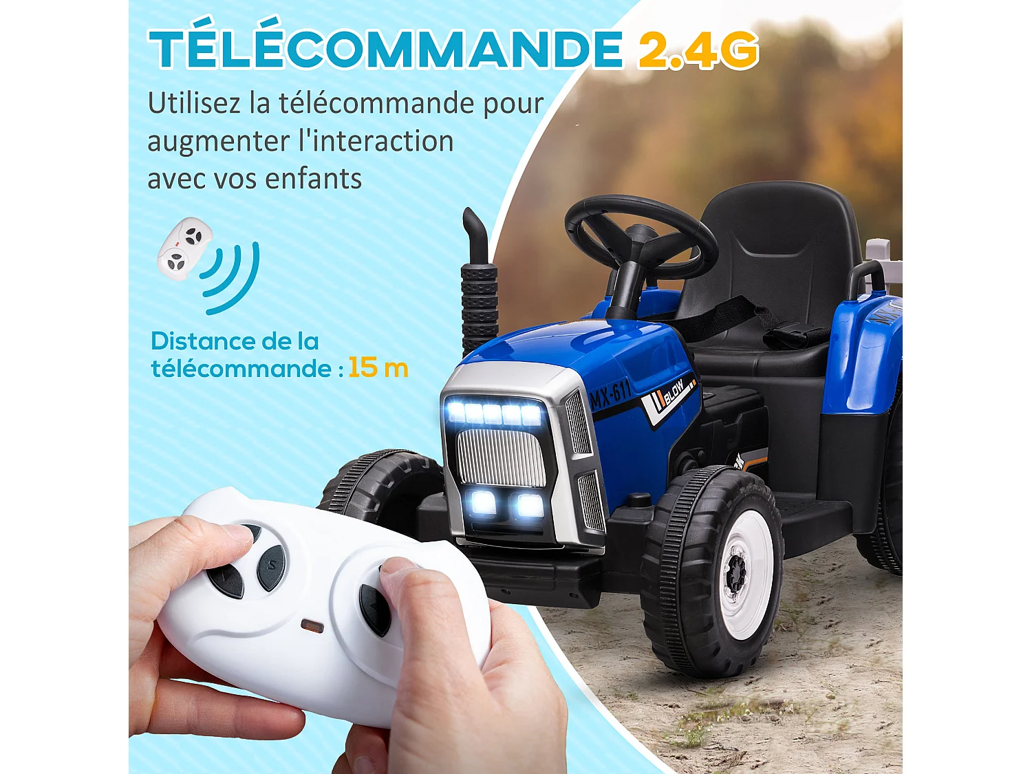 Tracteur électrique enfant avec remorque - effets sonores lumineux - télécommande - 3-6 Km/h - bleu