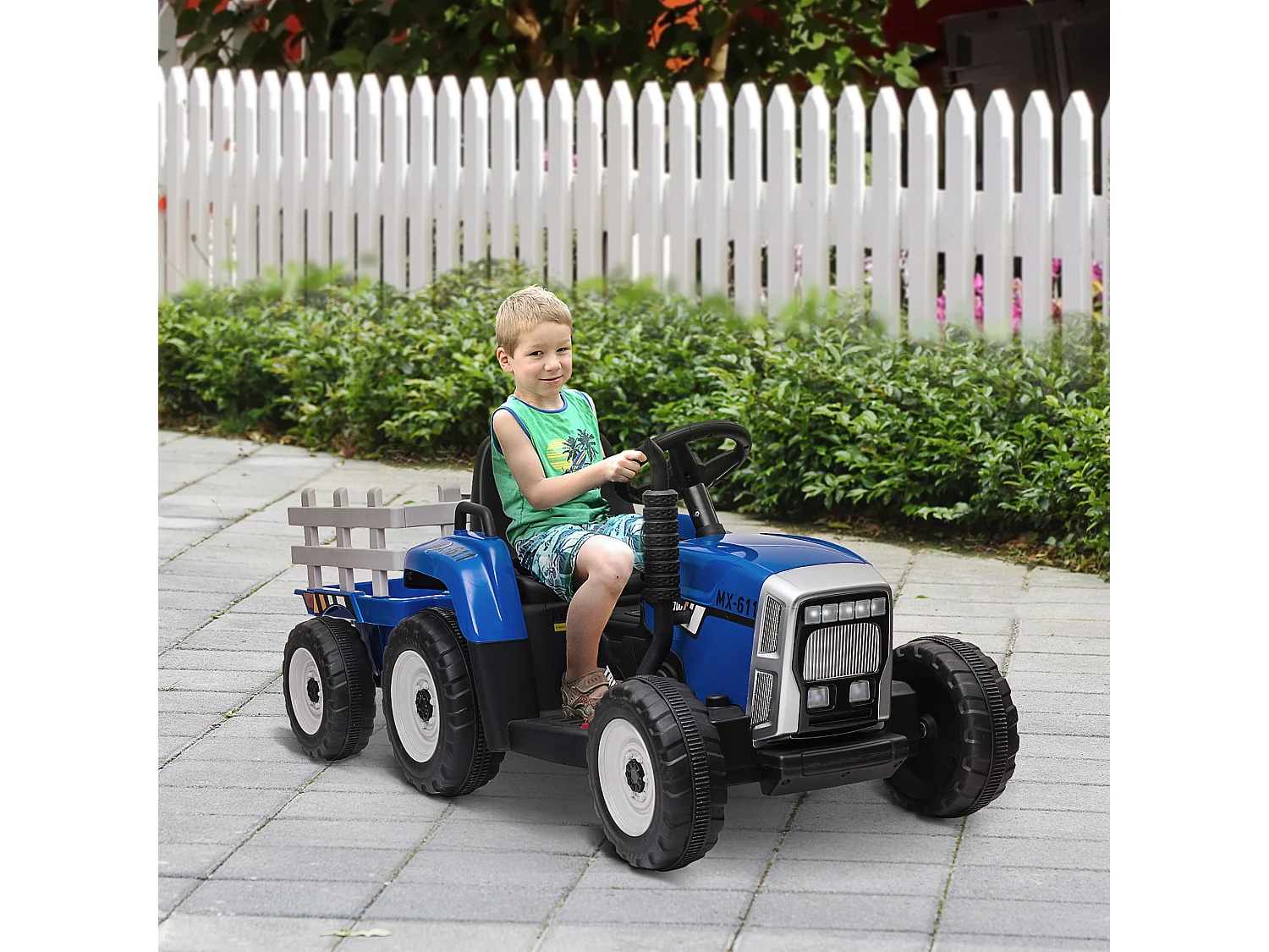 Tracteur électrique enfant avec remorque - effets sonores lumineux - télécommande - 3-6 Km/h - bleu