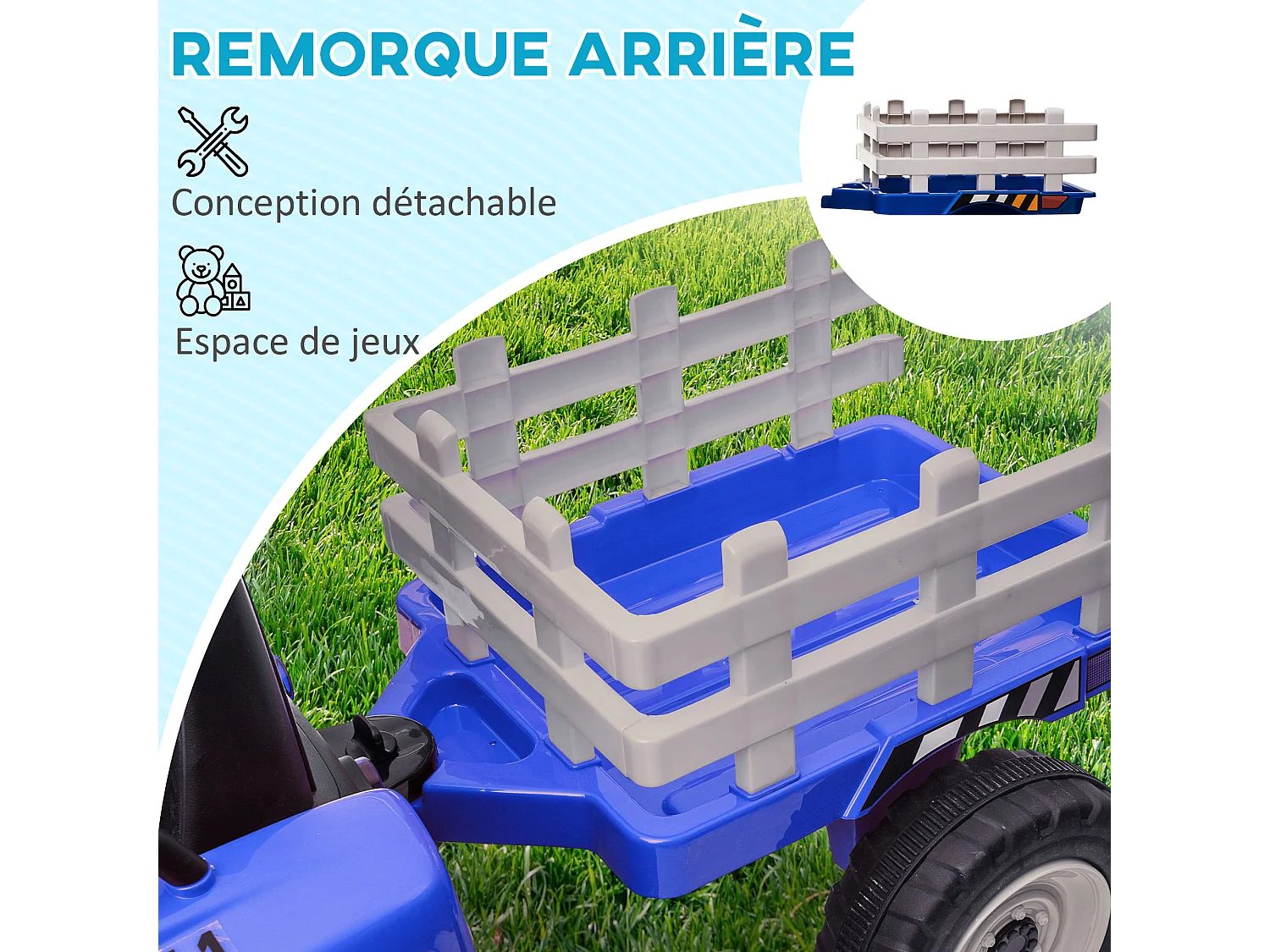 Tracteur électrique enfant avec remorque - effets sonores lumineux - télécommande - 3-6 Km/h - bleu