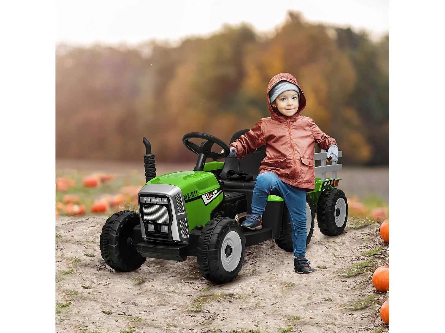 Tracteur électrique enfant avec remorque - effets sonores lumineux - télécommande - 3-6 Km/h - vert