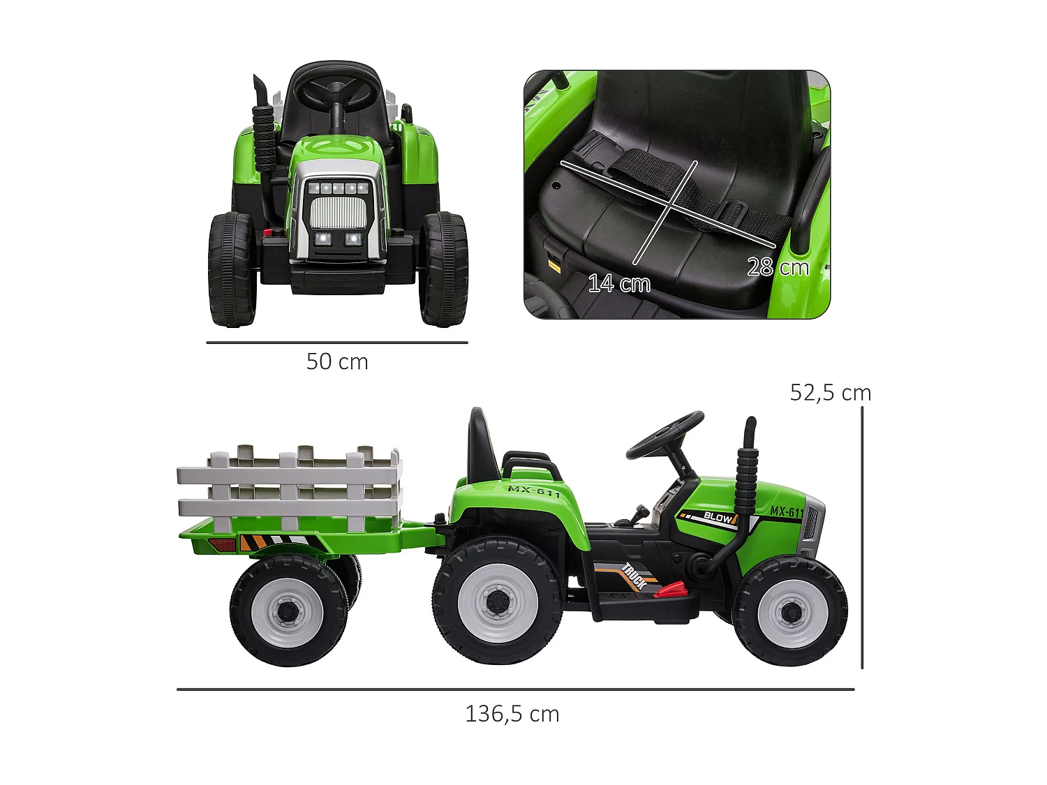 Tracteur électrique enfant avec remorque - effets sonores lumineux - télécommande - 3-6 Km/h - vert