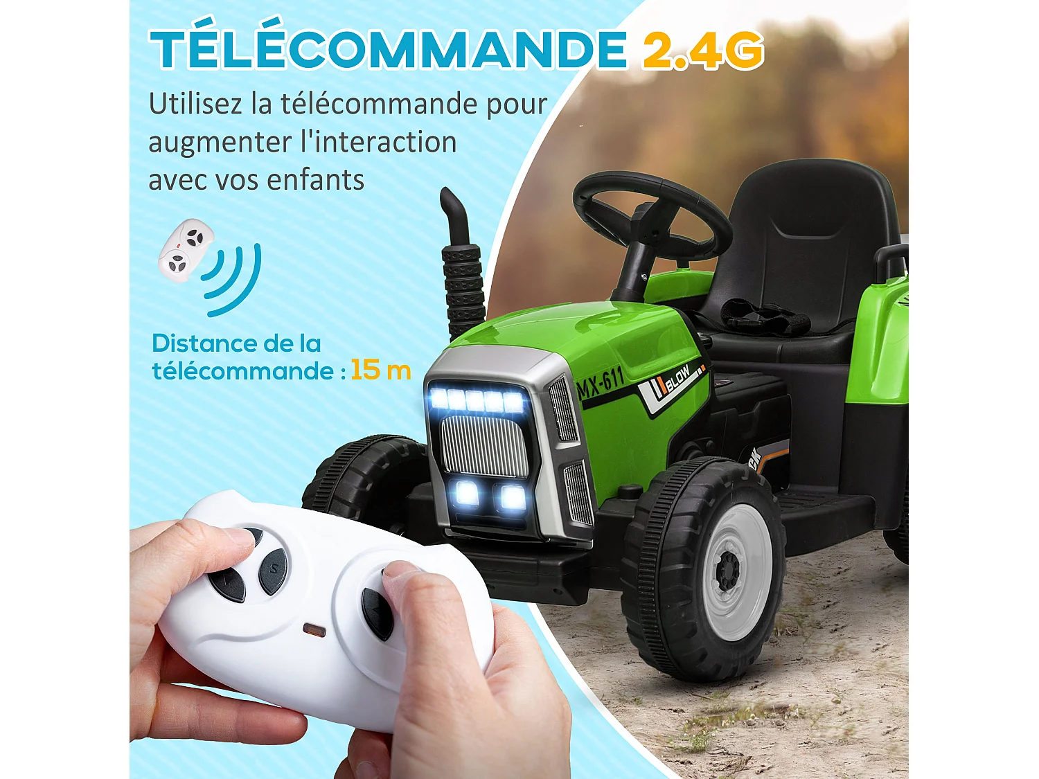 Tracteur électrique enfant avec remorque - effets sonores lumineux - télécommande - 3-6 Km/h - vert