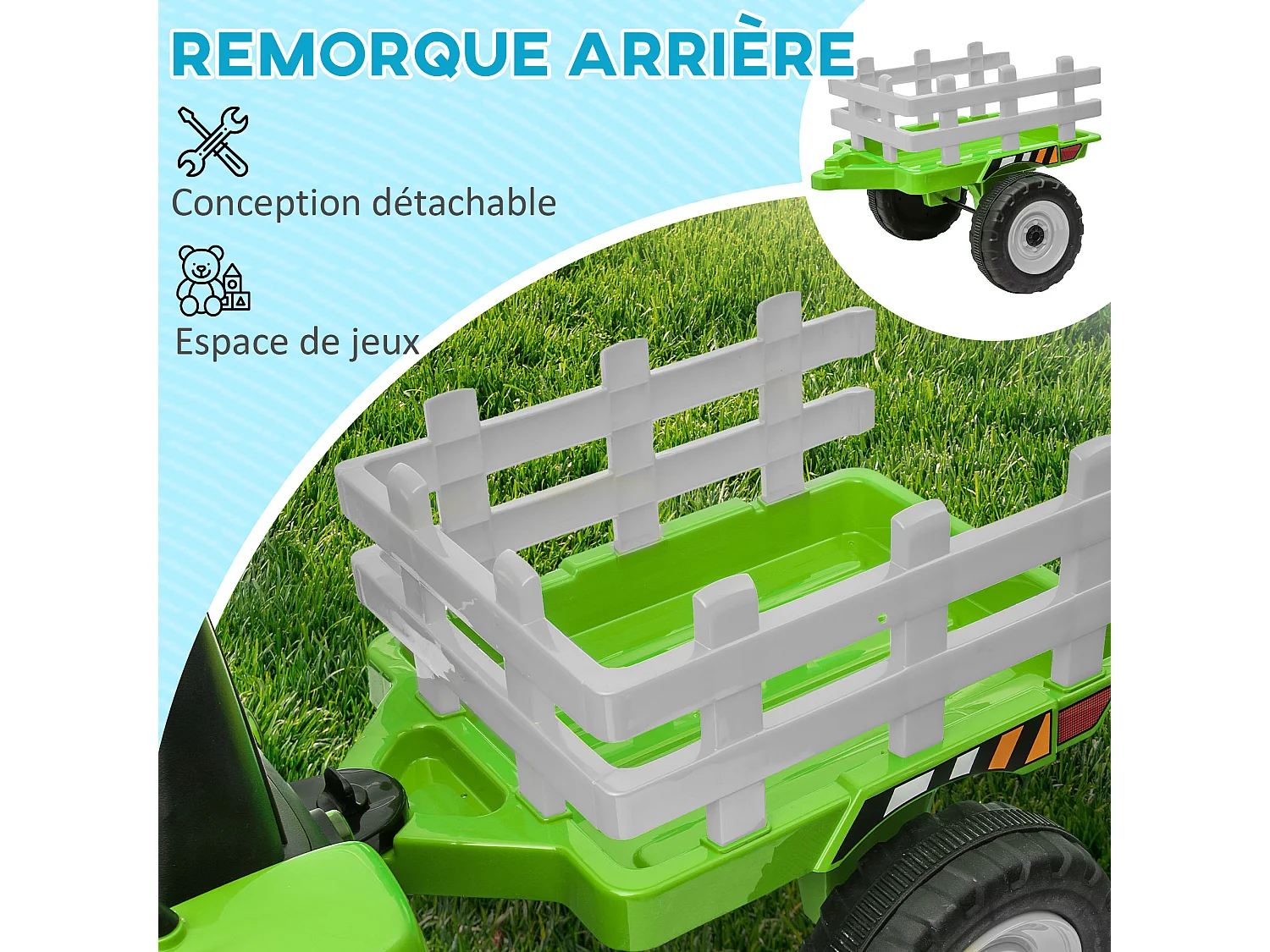 Tracteur électrique enfant avec remorque - effets sonores lumineux - télécommande - 3-6 Km/h - vert