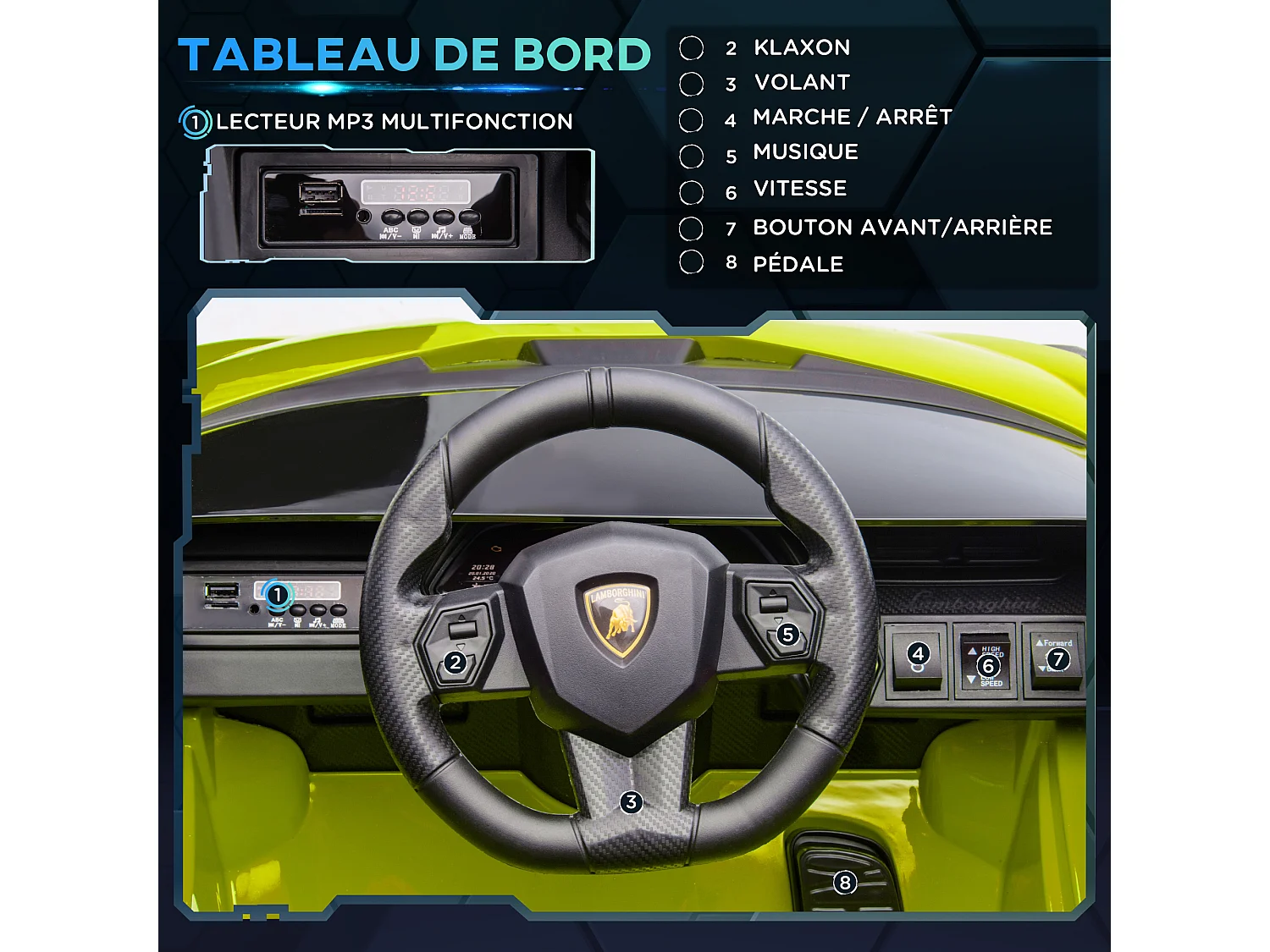 Voiture électrique enfant de sport supercar 12 V - V. max. 5 Km/h effets sonores + lumineux vert