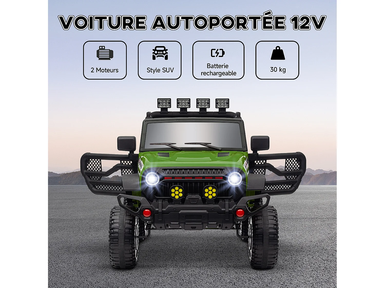 Voiture 4x4 électrique enfant - portes ouvrables, ceinture, télécommande - 3 vitesses, nombreux effets sonores lumineux - noir vert