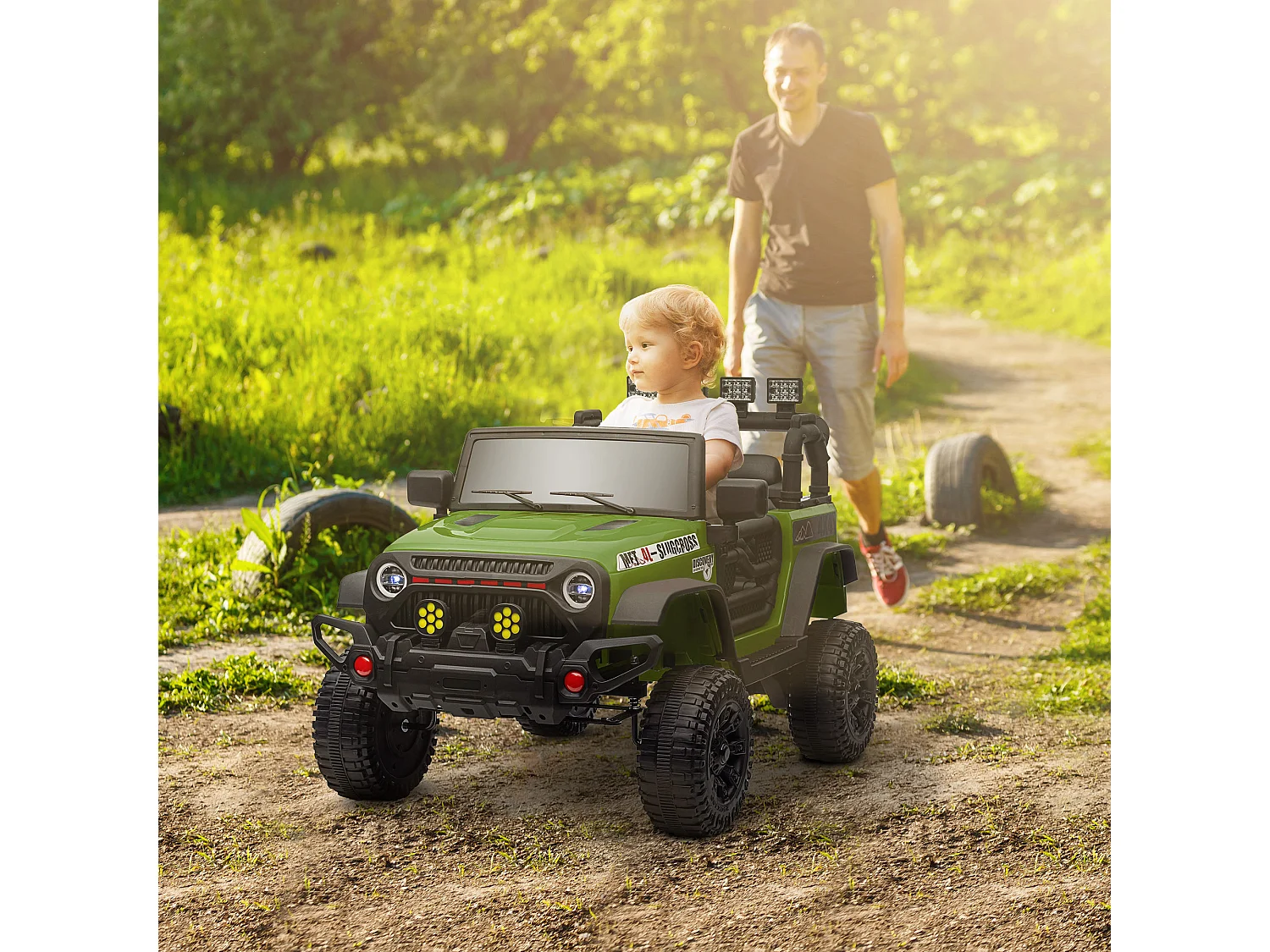 Voiture 4x4 électrique enfant - portes ouvrables, ceinture, télécommande - 3 vitesses, nombreux effets sonores lumineux - noir vert