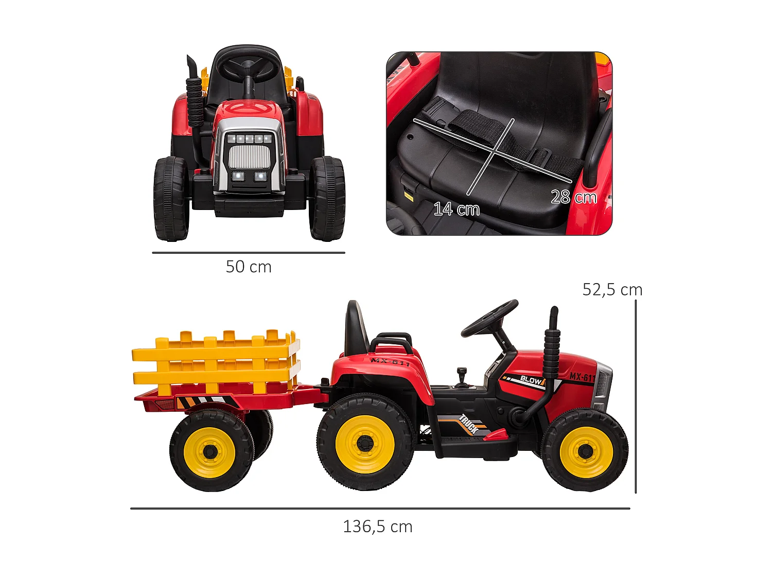 Tracteur électrique enfant avec remorque - effets sonores lumineux - télécommande - 3-6 Km/h - rouge