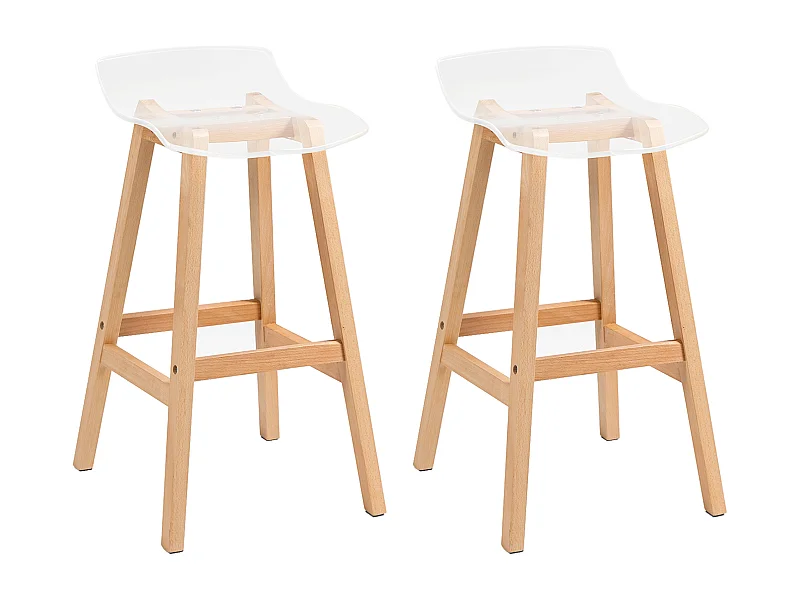 Lot de 2 tabourets de bar design contemporain bois de hêtre assise acrylique transparent