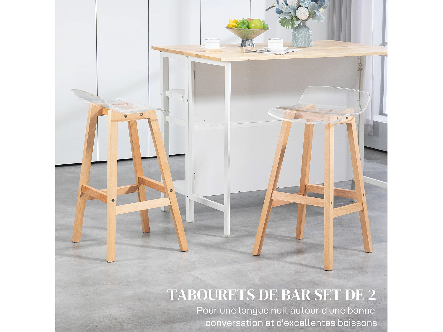 Lot de 2 tabourets de bar design contemporain bois de hêtre assise acrylique transparent