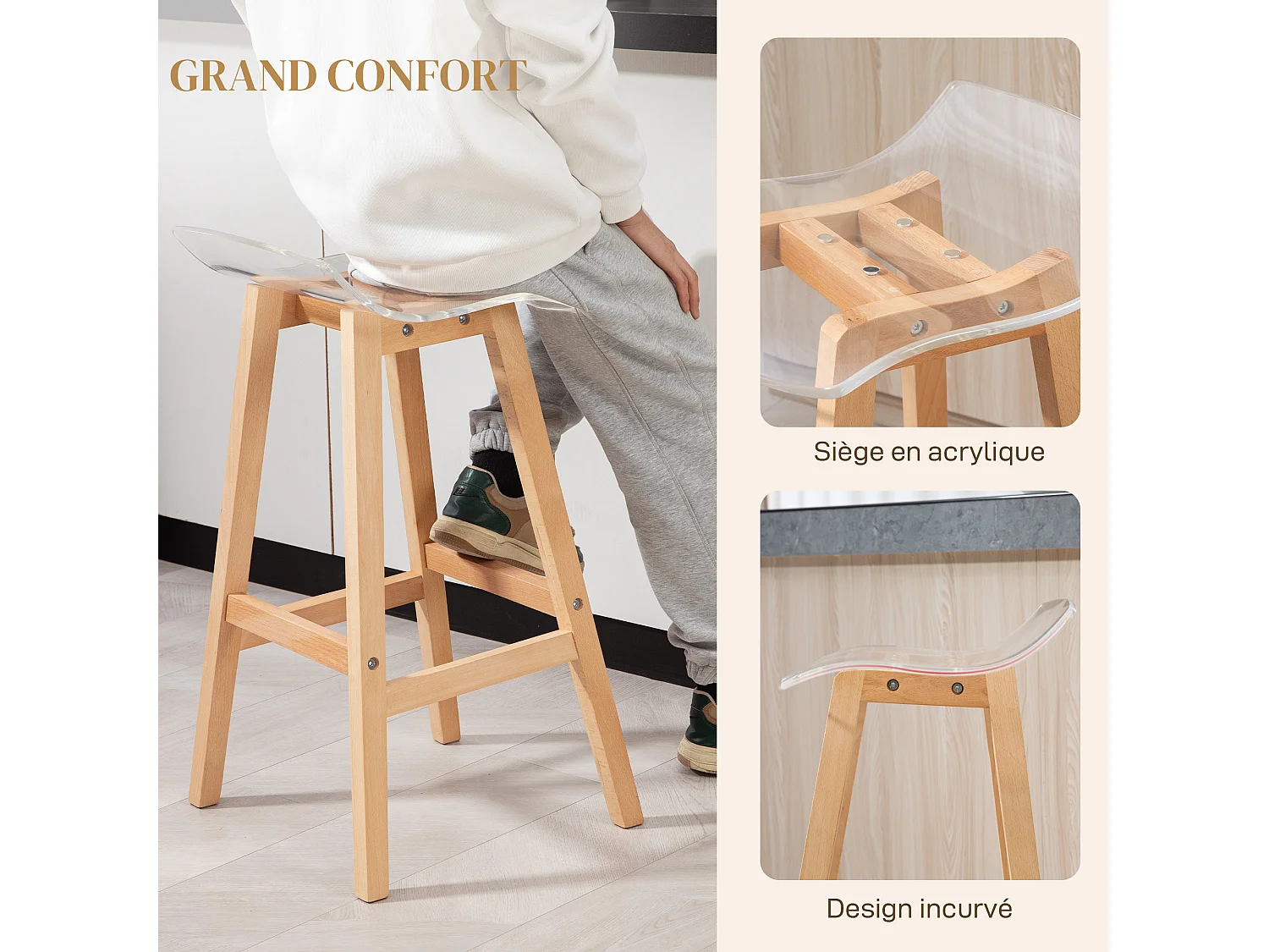 Lot de 2 tabourets de bar design contemporain bois de hêtre assise acrylique transparent