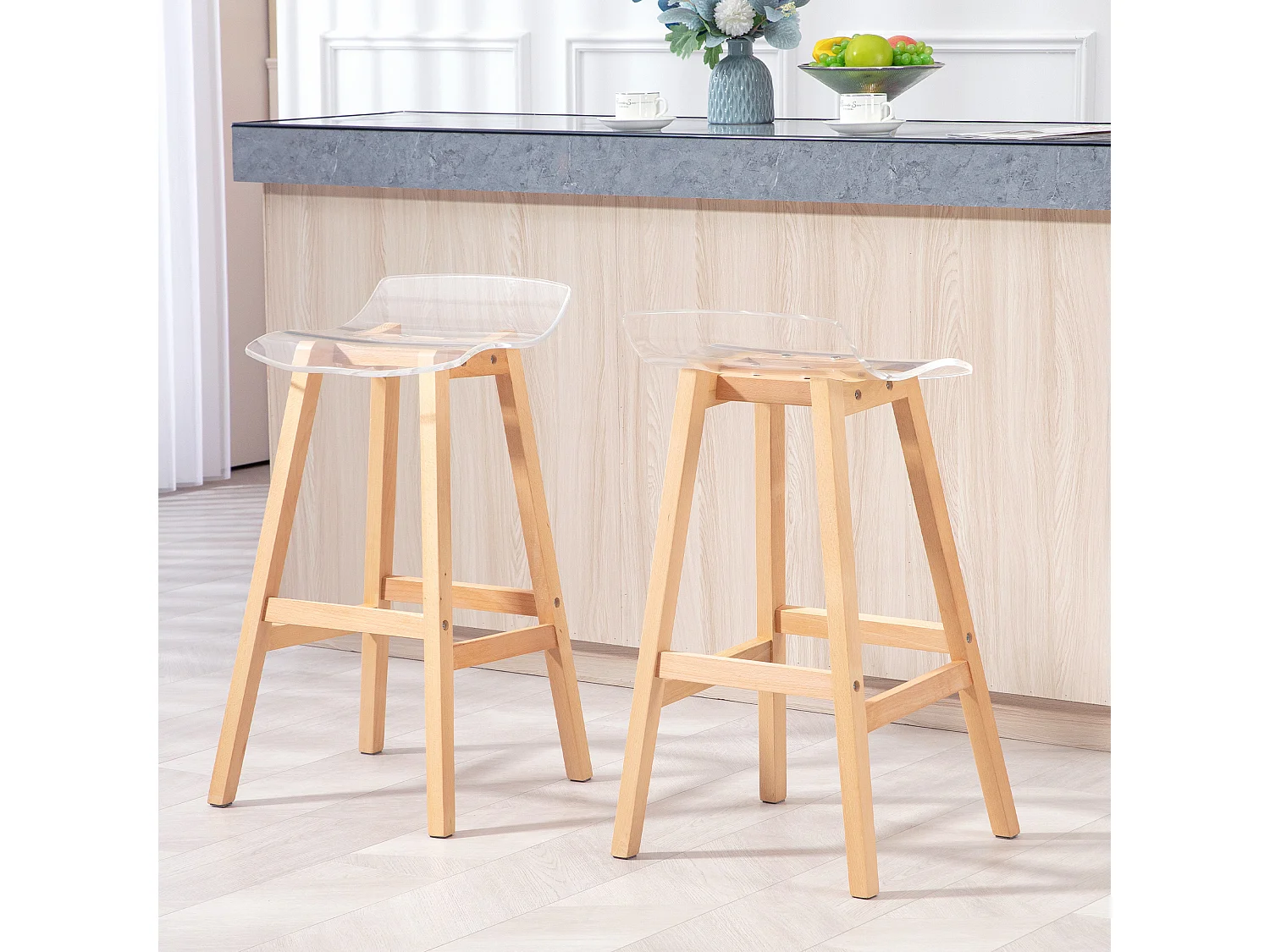 Lot de 2 tabourets de bar design contemporain bois de hêtre assise acrylique transparent