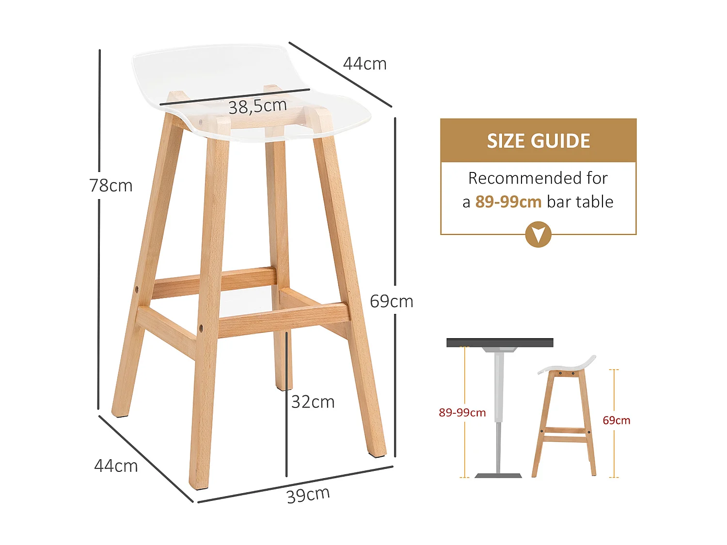 Lot de 2 tabourets de bar design contemporain bois de hêtre assise acrylique transparent