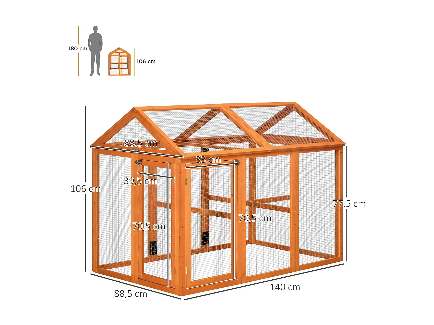 Enclos poulailler parc grillagé dim. 140L x 88,5l x 106H cm - bois de sapin pré-huilé