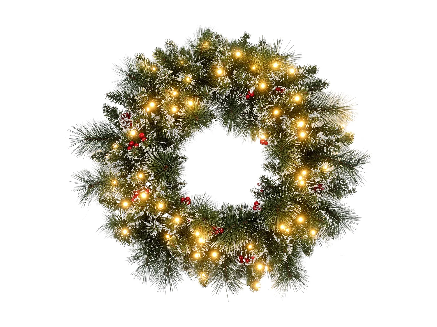 Couronne de Noël artificielle LED 60 cm - pommes de pin, baies rouges, 50 LED blanc - effet enneigé