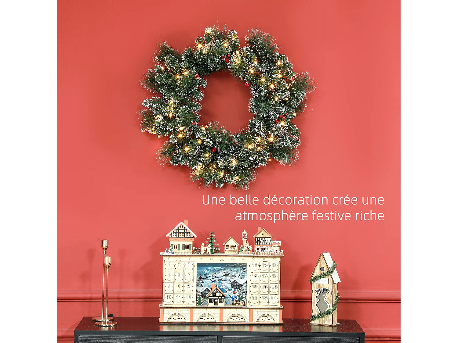 Couronne de Noël artificielle LED 60 cm - pommes de pin, baies rouges, 50 LED blanc - effet enneigé