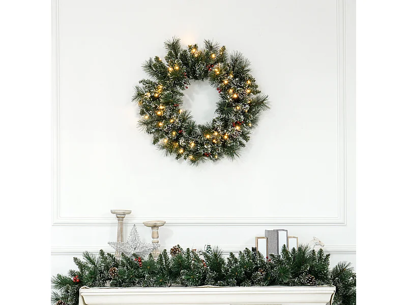 Couronne de Noël artificielle LED 60 cm - pommes de pin, baies rouges, 50 LED blanc - effet enneigé