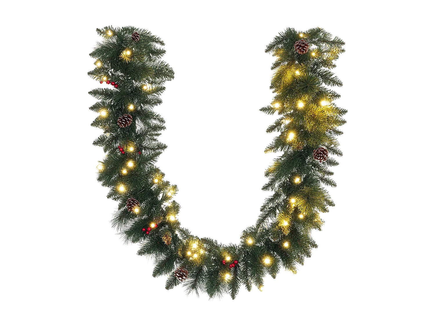 Guirlande de Noël artificielle LED 180 cm - pommes de pin, baies rouges, 50 LED blanc - vert