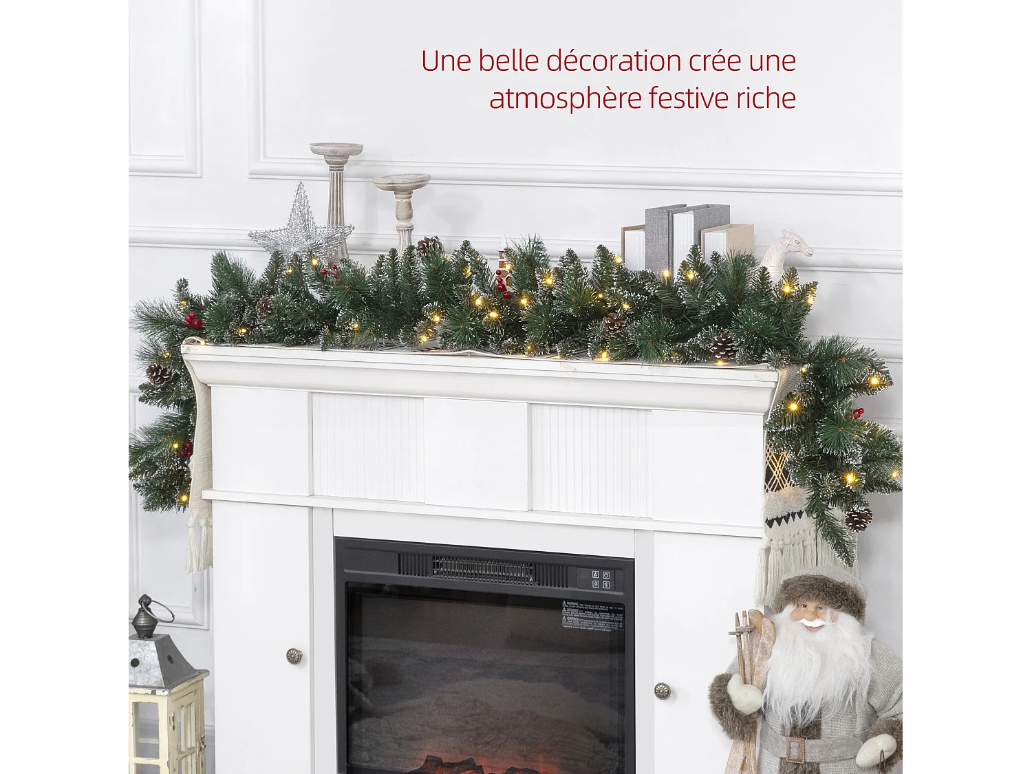 Guirlande de Noël artificielle LED 180 cm - pommes de pin, baies rouges, 50 LED blanc - vert