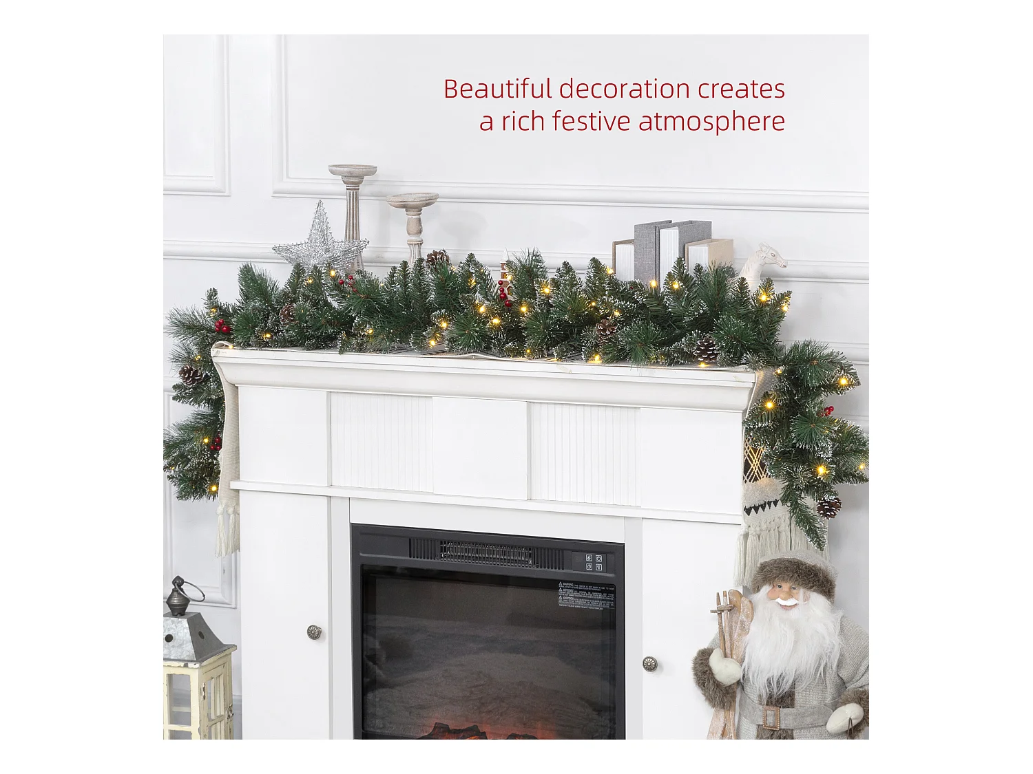 Guirlande de Noël artificielle LED 180 cm - pommes de pin, baies rouges, 50 LED blanc - vert