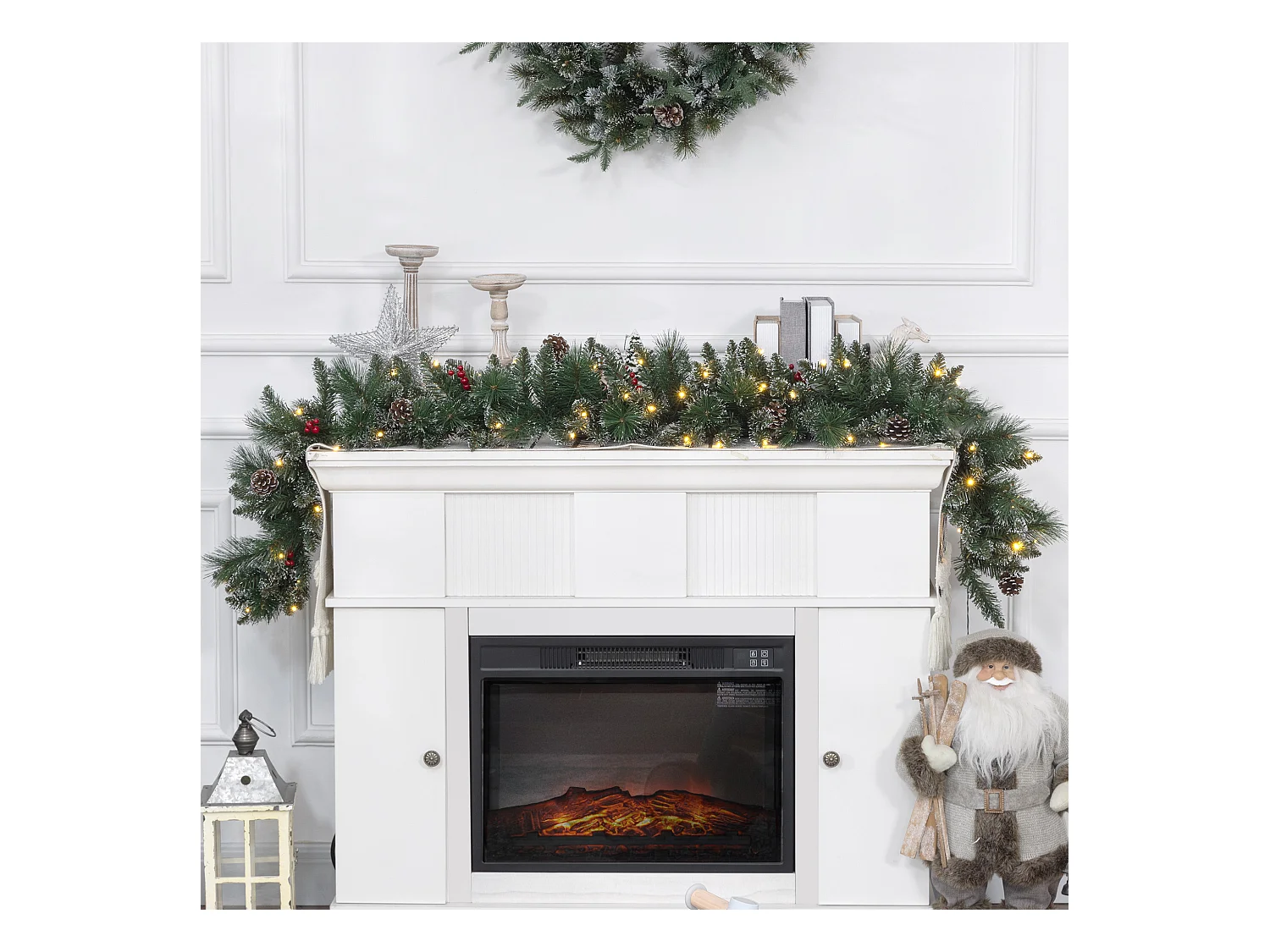 Guirlande de Noël artificielle LED 180 cm - pommes de pin, baies rouges, 50 LED blanc - vert