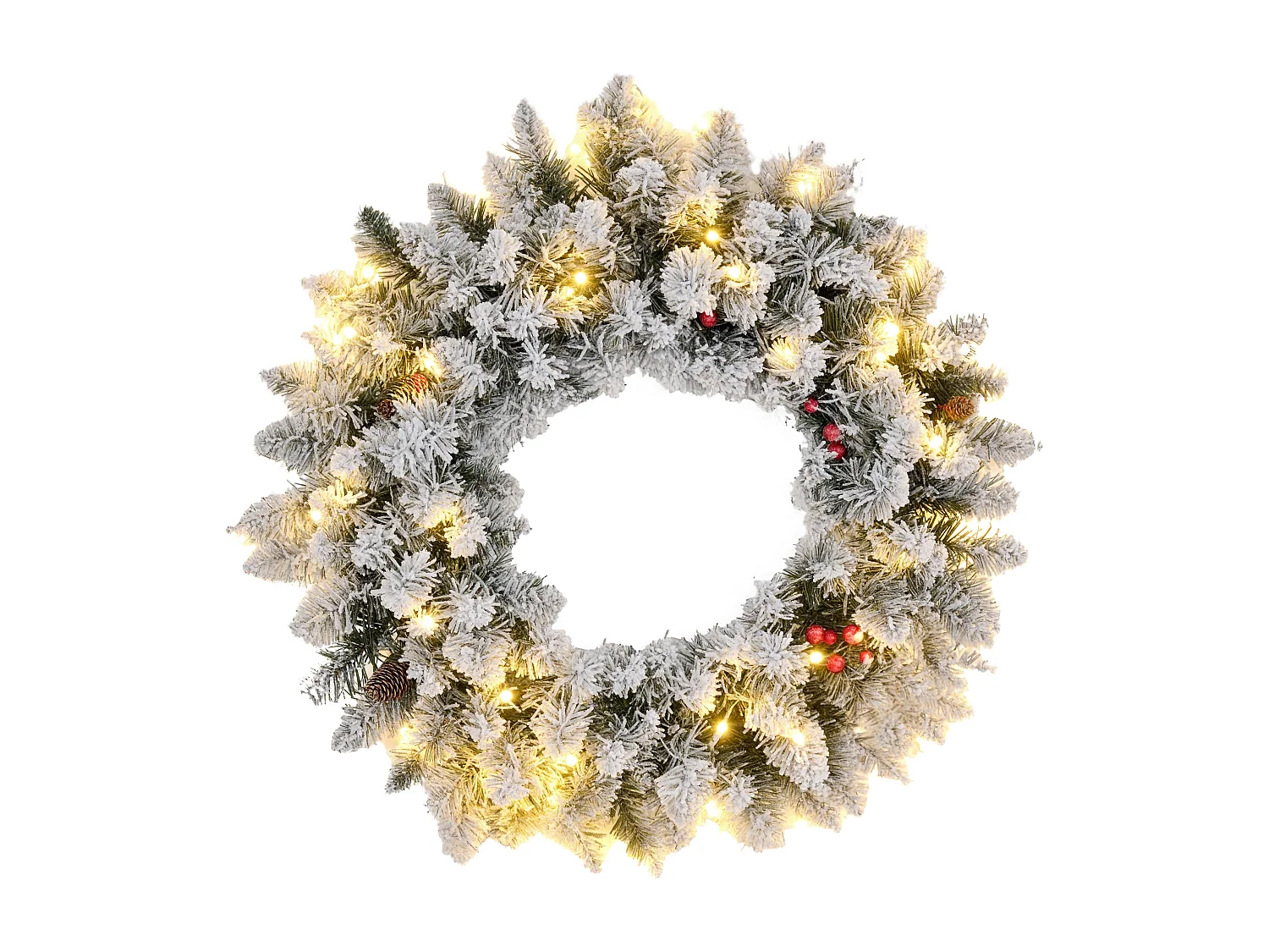 Couronne de Noël artificielle LED 60 cm - pommes de pin, baies rouges, 50 LED blanc - effet enneigé