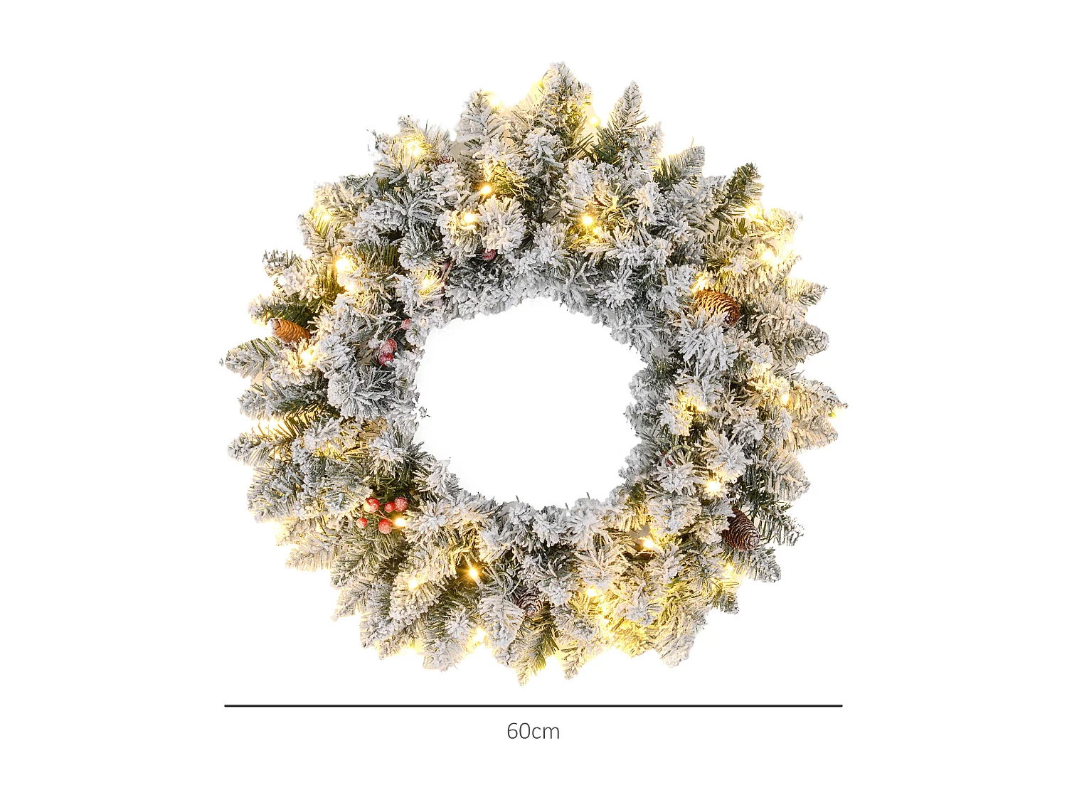 Couronne de Noël artificielle LED 60 cm - pommes de pin, baies rouges, 50 LED blanc - effet enneigé