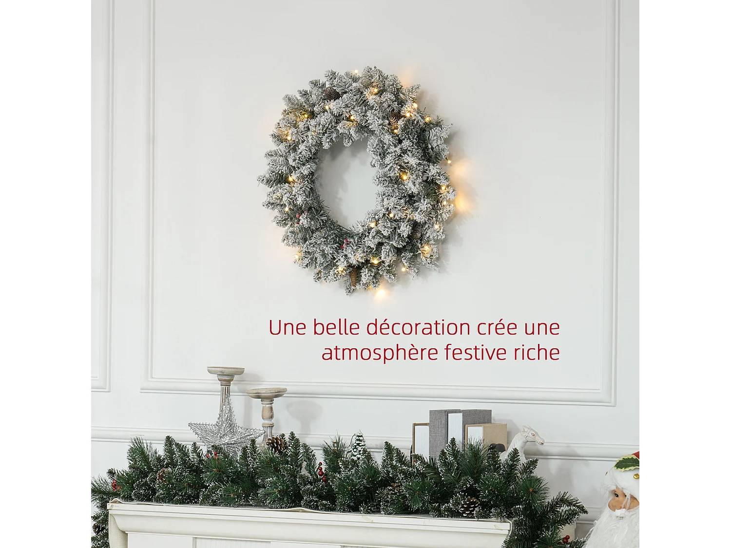 Couronne de Noël artificielle LED 60 cm - pommes de pin, baies rouges, 50 LED blanc - effet enneigé