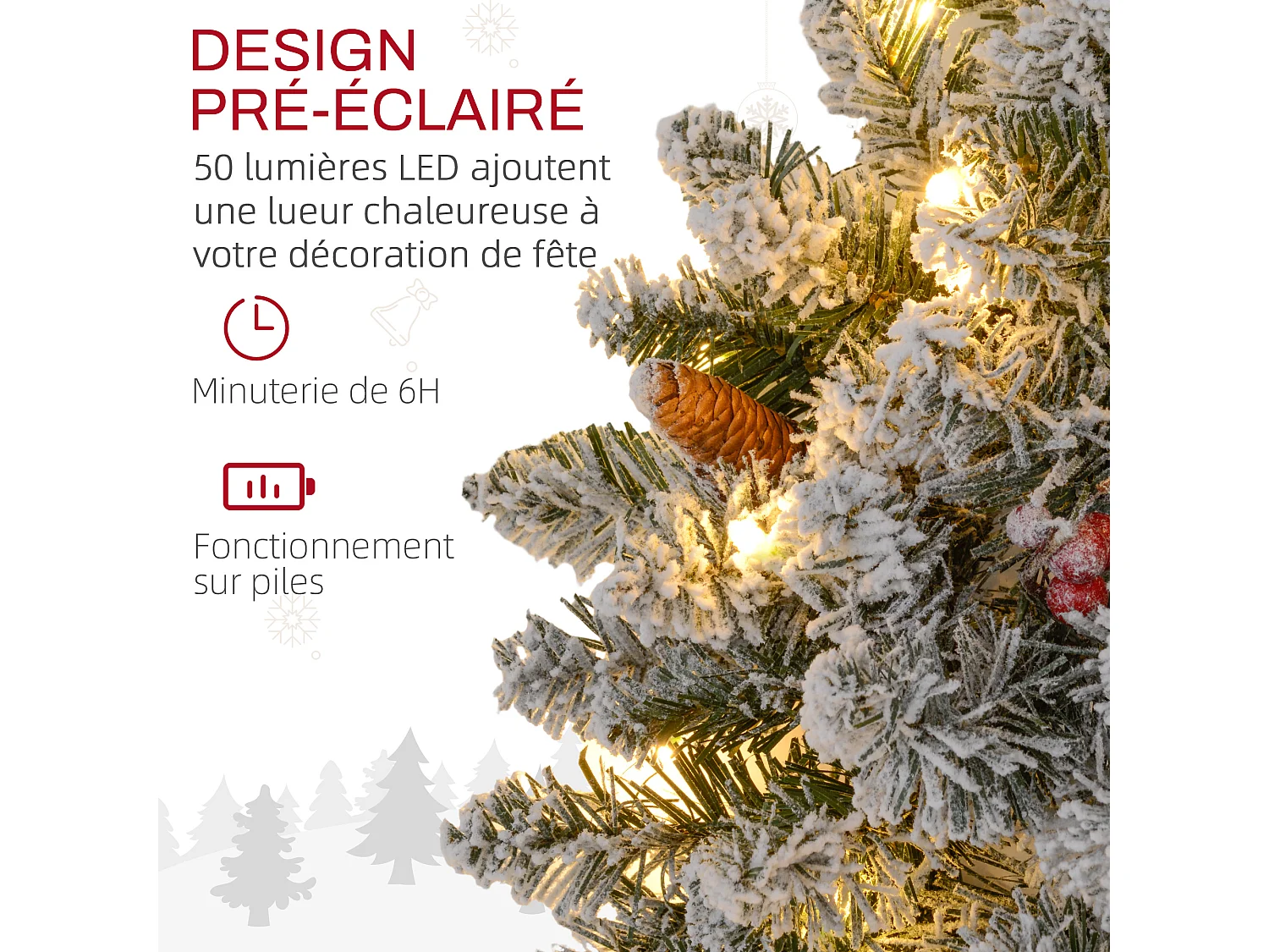 Couronne de Noël artificielle LED 60 cm - pommes de pin, baies rouges, 50 LED blanc - effet enneigé