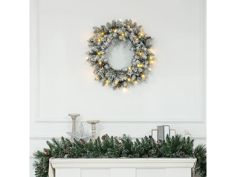 Couronne de Noël artificielle LED 60 cm - pommes de pin, baies rouges, 50 LED blanc - effet enneigé