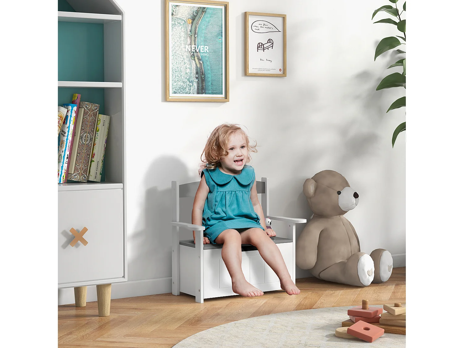 Coffre à jouets pour enfants 2 en 1 banc meuble de rangement et assise avec dossier et accoudoirs - vérin pneumatique 68,5L x 34l x 58H cm gris