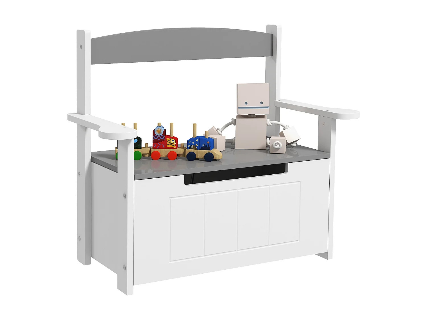 Coffre à jouets pour enfants 2 en 1 banc meuble de rangement et assise avec dossier et accoudoirs - vérin pneumatique 68,5L x 34l x 58H cm gris