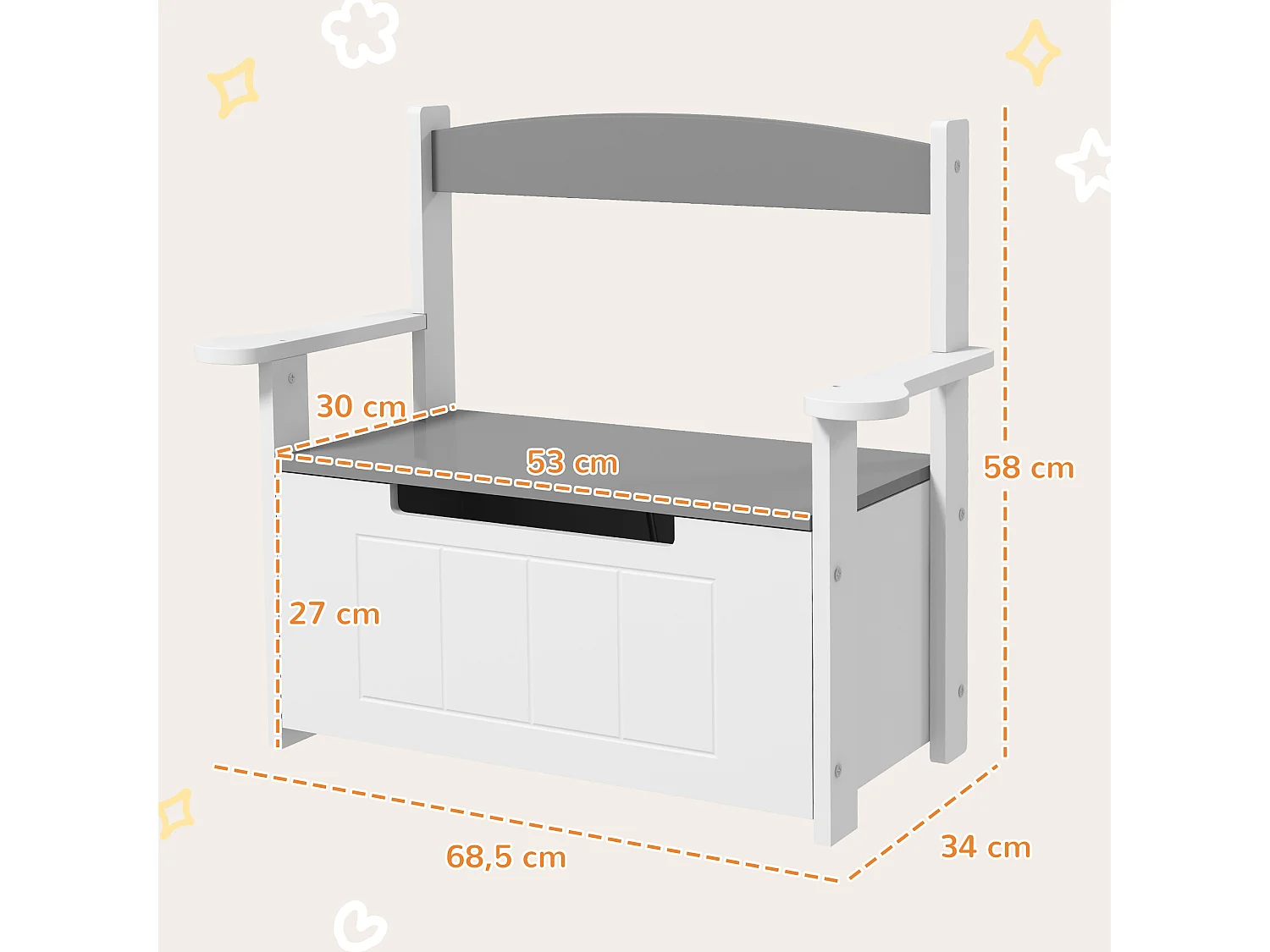 Coffre à jouets pour enfants 2 en 1 banc meuble de rangement et assise avec dossier et accoudoirs - vérin pneumatique 68,5L x 34l x 58H cm gris