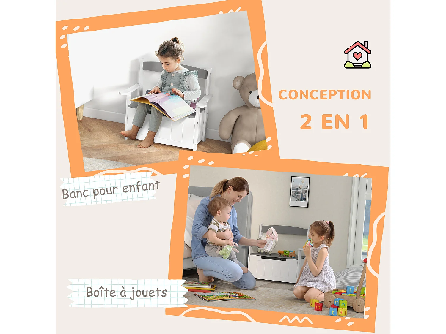 Coffre à jouets pour enfants 2 en 1 banc meuble de rangement et assise avec dossier et accoudoirs - vérin pneumatique 68,5L x 34l x 58H cm gris