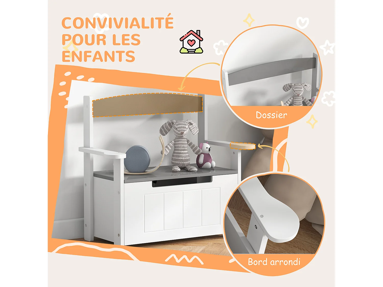 Coffre à jouets pour enfants 2 en 1 banc meuble de rangement et assise avec dossier et accoudoirs - vérin pneumatique 68,5L x 34l x 58H cm gris