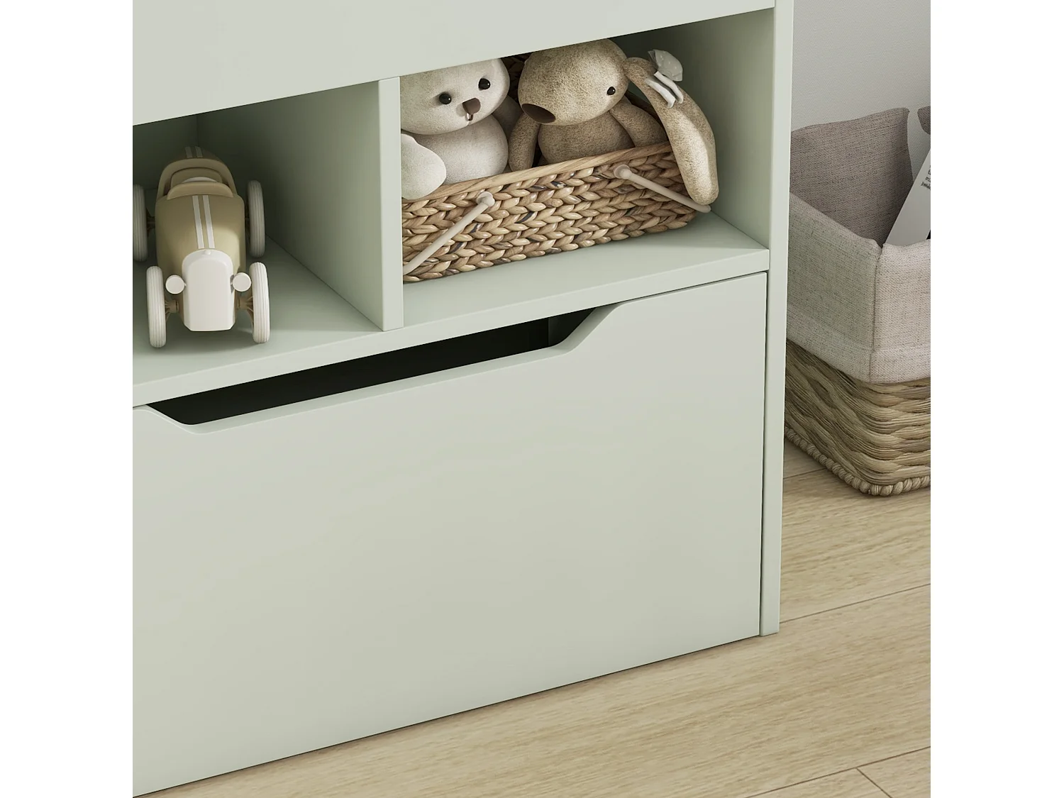 Bibliothèque étagère multi-rangement 3 étagères 2 niches grand tiroir MDF vert clair