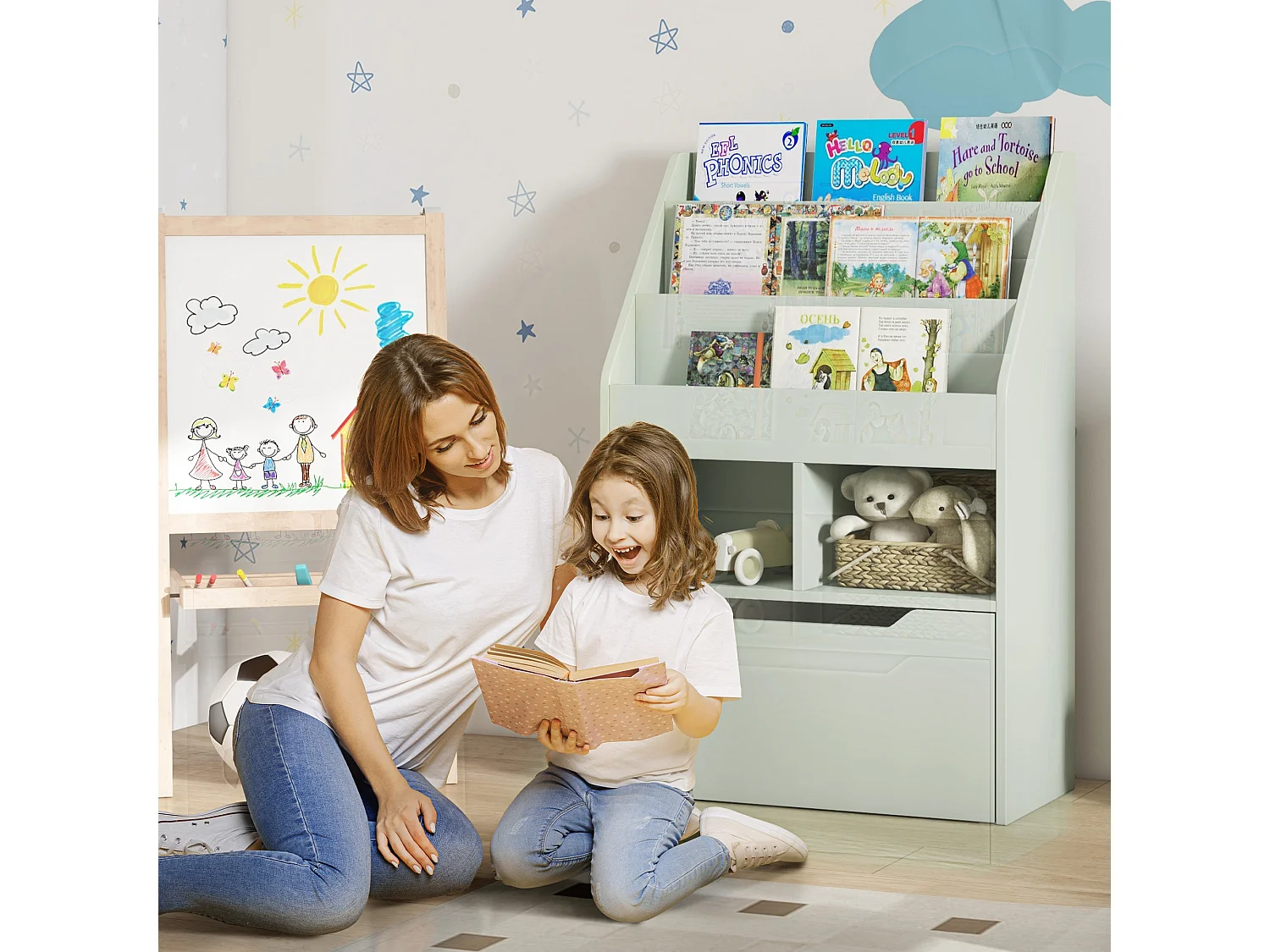 Bibliothèque étagère multi-rangement 3 étagères 2 niches grand tiroir MDF vert clair