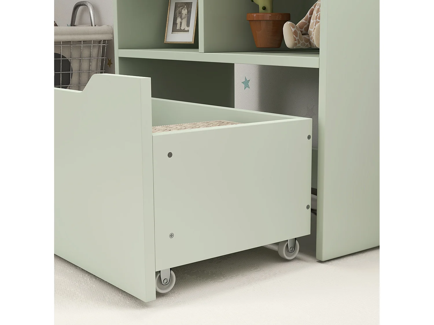 Bibliothèque étagère multi-rangement 3 étagères 2 niches grand tiroir MDF vert clair