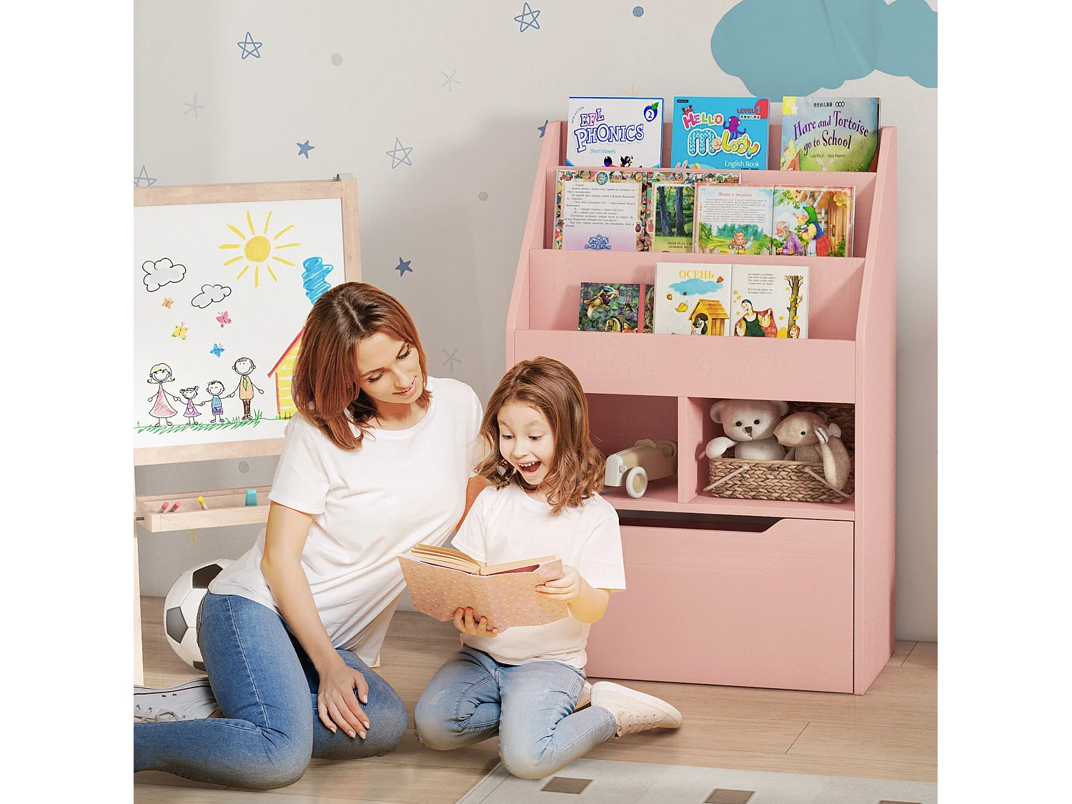 Bibliothèque étagère multi-rangement 3 étagères 2 niches grand tiroir MDF rose