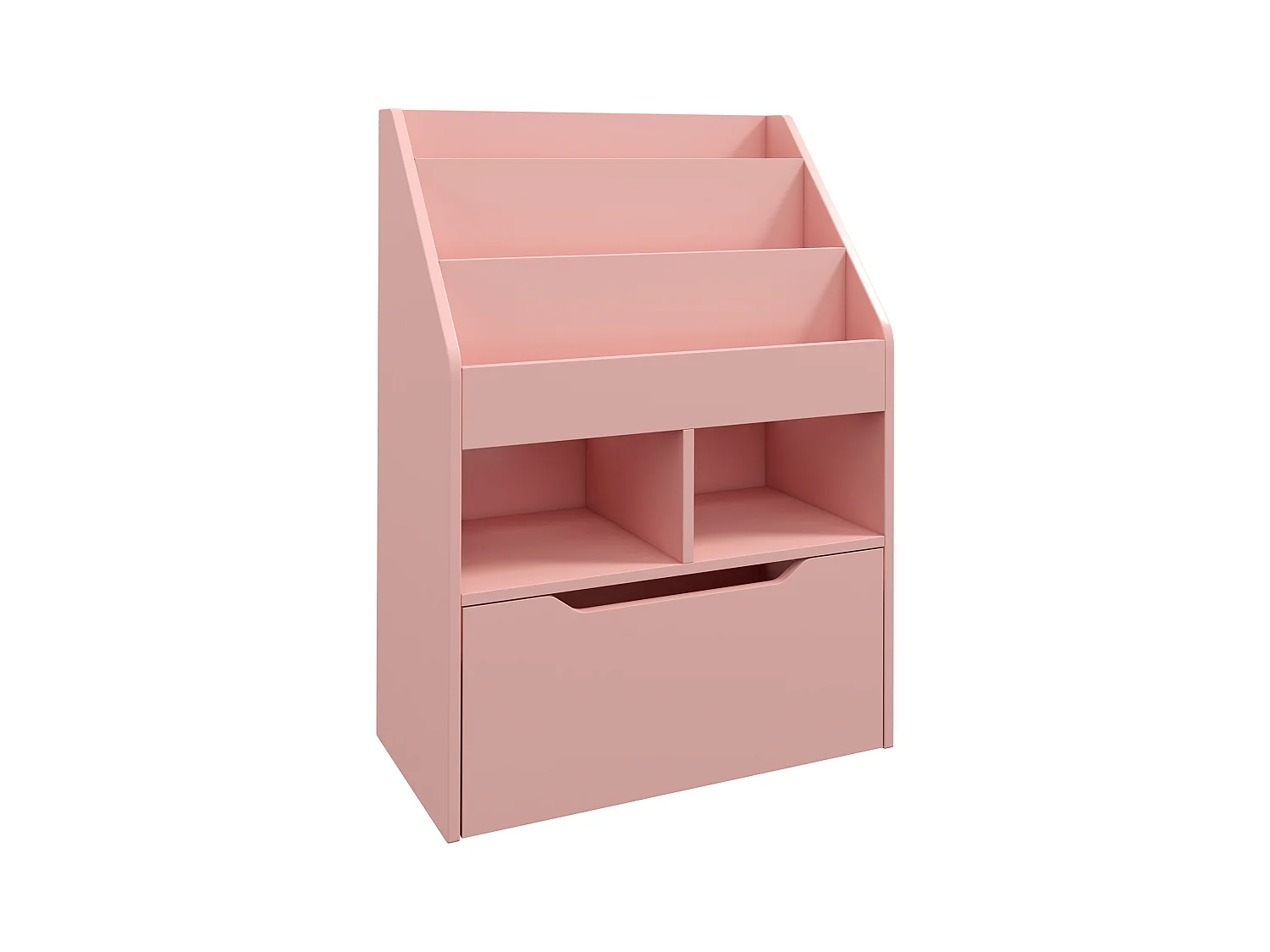 Bibliothèque étagère multi-rangement 3 étagères 2 niches grand tiroir MDF rose