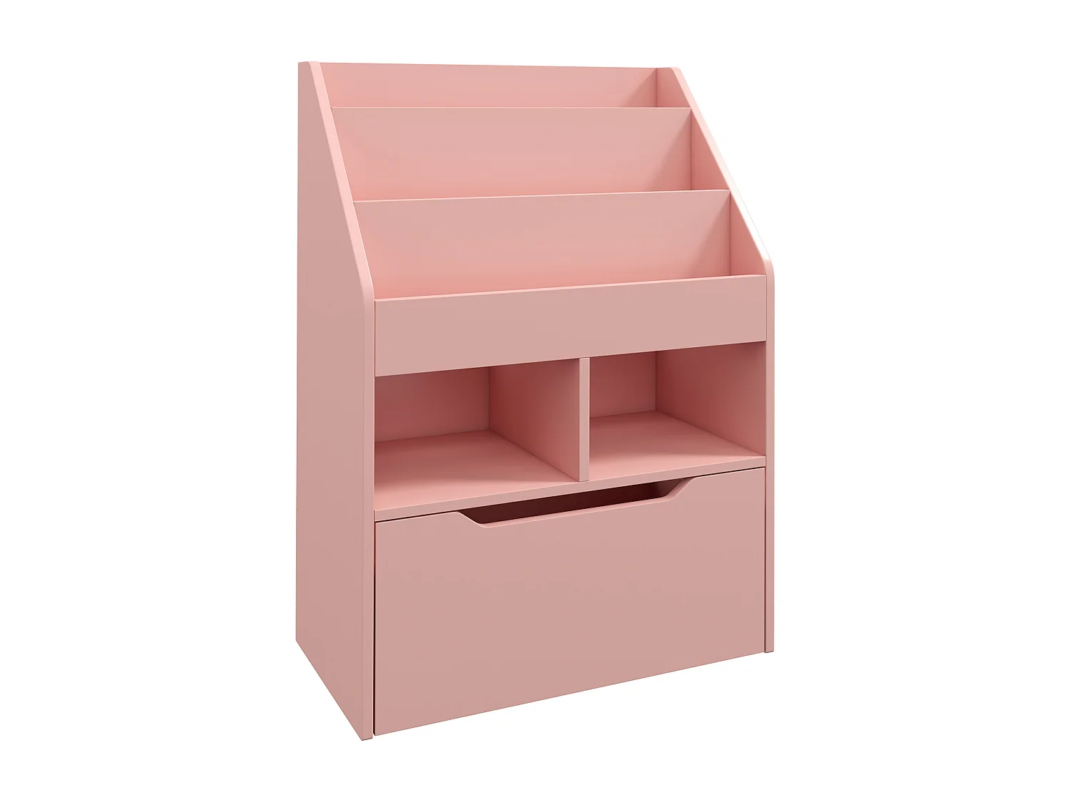 Bibliothèque étagère multi-rangement 3 étagères 2 niches grand tiroir MDF rose