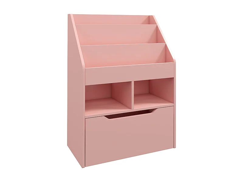 Bibliothèque étagère multi-rangement 3 étagères 2 niches grand tiroir MDF rose