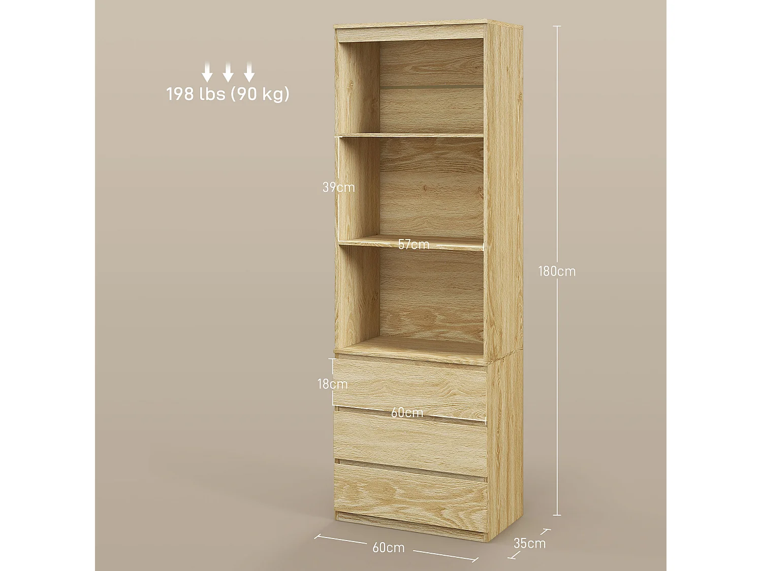 Bibliothèque 3 étagères 3 tiroirs - dim. 60L x 35l x 180H cm - panneaux aspect bois naturel