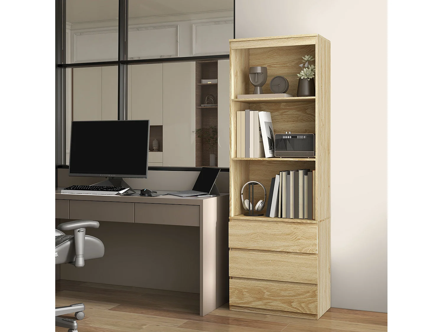 Bibliothèque 3 étagères 3 tiroirs - dim. 60L x 35l x 180H cm - panneaux aspect bois naturel