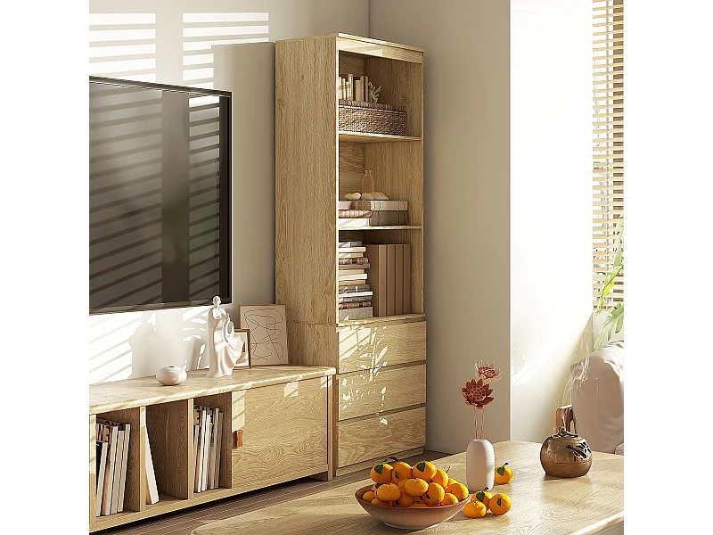 Bibliothèque 3 étagères 3 tiroirs - dim. 60L x 35l x 180H cm - panneaux aspect bois naturel