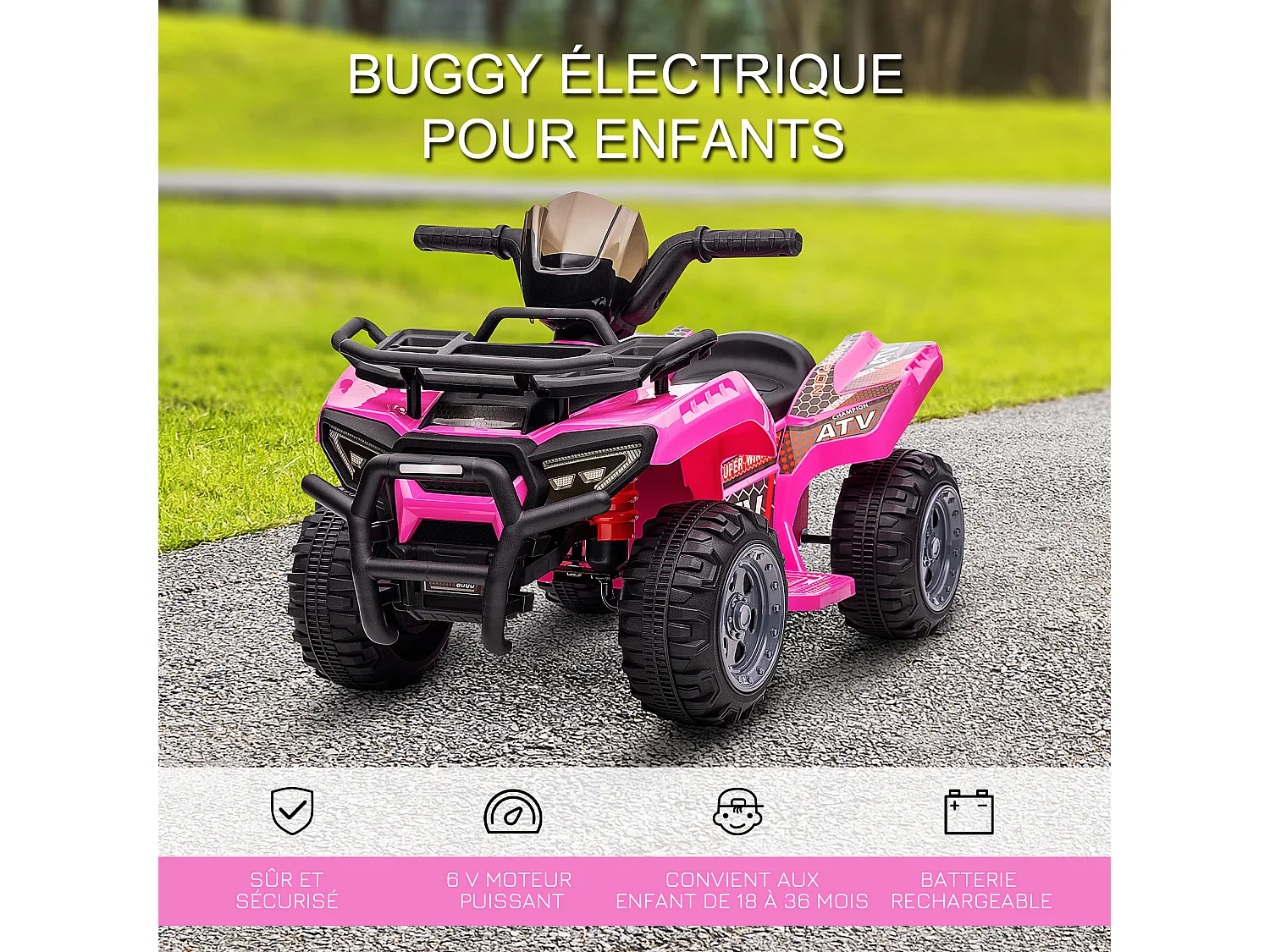 Buggy électrique enfant quad électrique pour enfant de 18 à 36 mois effet lumineux 6 V 2 Km/h max. métal PP rose