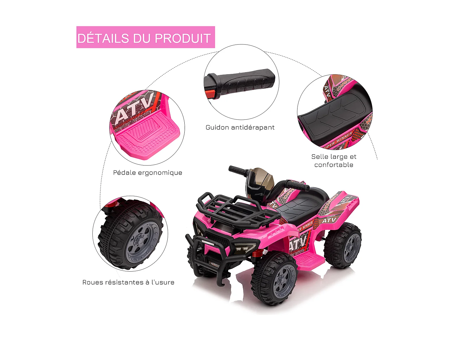 Buggy électrique enfant quad électrique pour enfant de 18 à 36 mois effet lumineux 6 V 2 Km/h max. métal PP rose